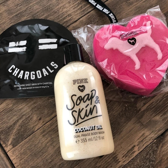 PINK Body Wash Sponge Mask Bundle Coconut Oil New - Picture 1 of 6